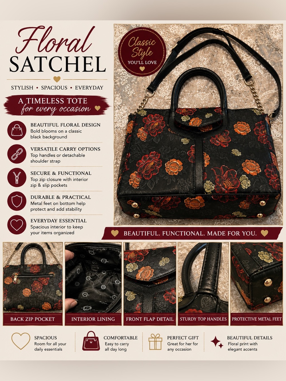 Black Floral Satchel Handbag – Top Handle & Crossbody Shoulder Bag